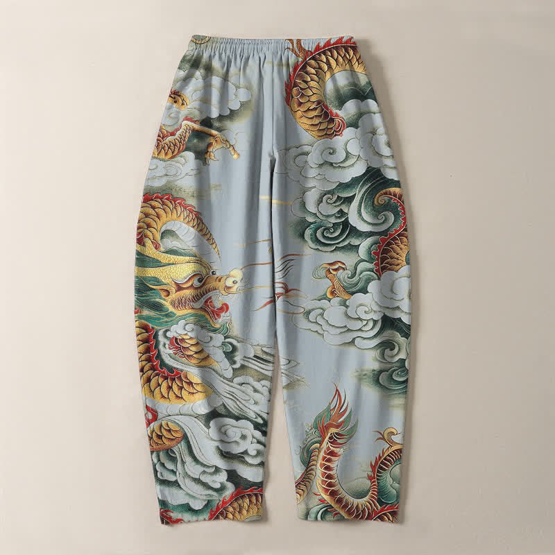 Buddha Stones Pantalones de hombre de algodón puro con estampado de dragón en las nubes, cordón ajustable y corte cónico, con bolsillos. - image 14