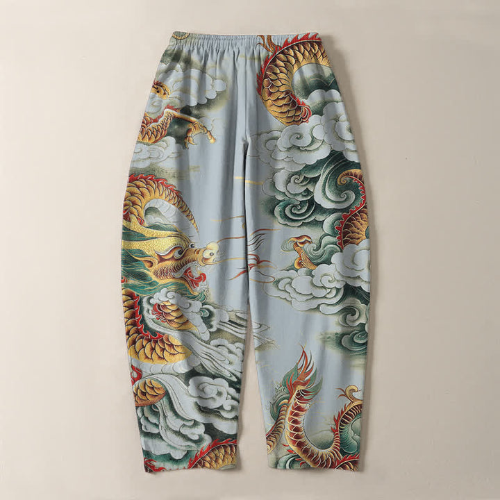 Buddha Stones Pantalones de hombre de algodón puro con estampado de dragón en las nubes, cordón ajustable y corte cónico, con bolsillos. - image 14
