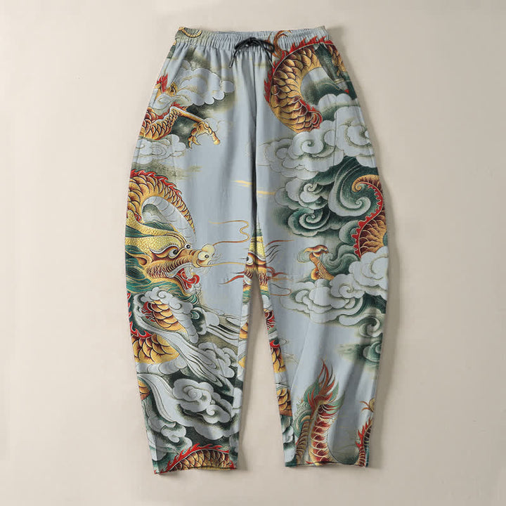 Buddha Stones Pantalones de hombre de algodón puro con estampado de dragón en las nubes, cordón ajustable y corte cónico, con bolsillos. - image 13