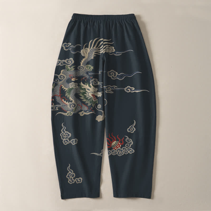 Buddha Stones Pantalones de hombre de algodón puro con estampado de dragón, nube y bola de fuego, con cordón ajustable y bolsillos. - image 3