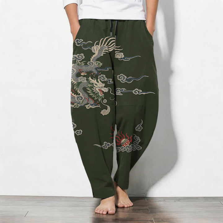 Buddha Stones Pantalones de hombre de algodón puro con estampado de dragón, nube y bola de fuego, con cordón ajustable y bolsillos. - Verde oscuro - US/UK/AU50, EU60 (5XL) - image 7