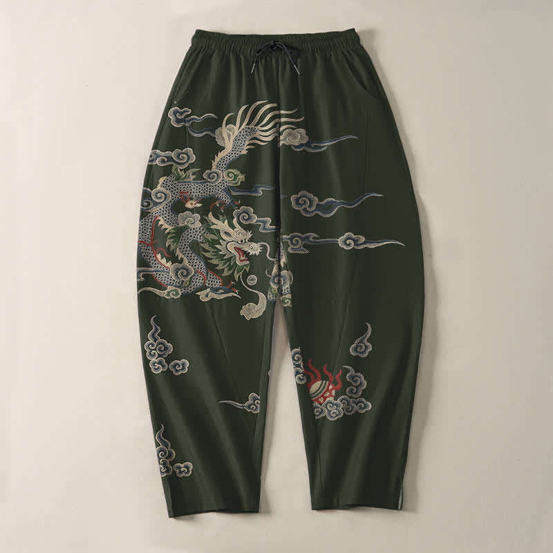 Buddha Stones Pantalones de hombre de algodón puro con estampado de dragón, nube y bola de fuego, con cordón ajustable y bolsillos. - image 9