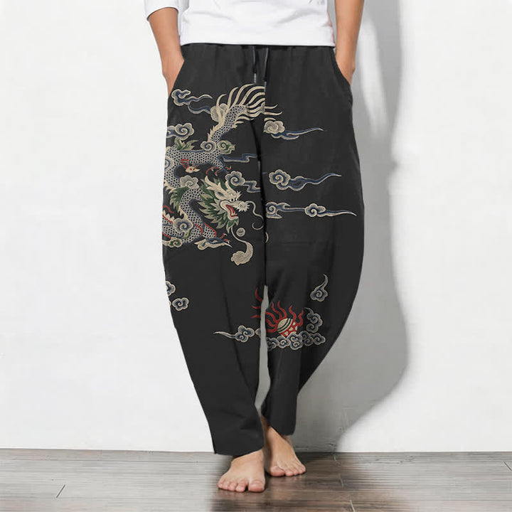 Buddha Stones Pantalones de hombre de algodón puro con estampado de dragón, nube y bola de fuego, con cordón ajustable y bolsillos. - Negro - US/UK/AU50, EU60 (5XL) - image 11