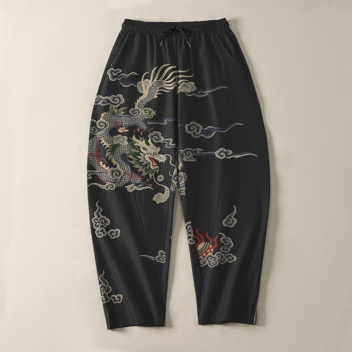 Buddha Stones Pantalones de hombre de algodón puro con estampado de dragón, nube y bola de fuego, con cordón ajustable y bolsillos. - image 13