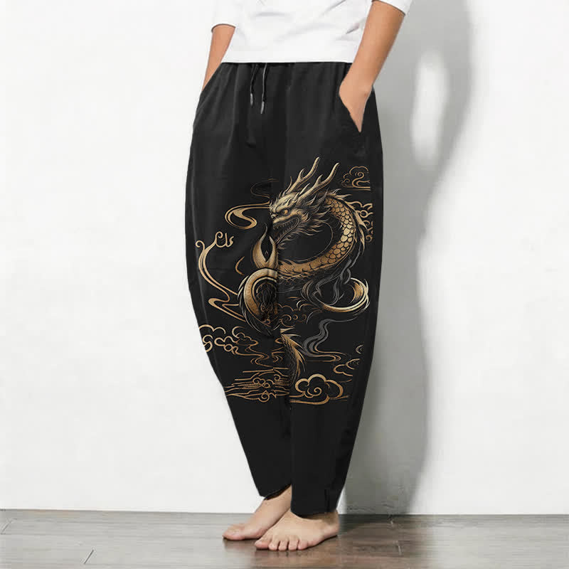 Buddha Stones Pantalones de hombre de algodón puro con estampado de dragón dorado y nube auspiciosa, con cordón ajustable y bolsillos. - image 1