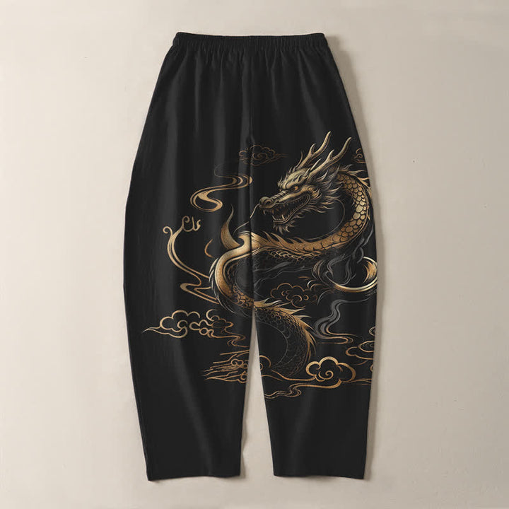 Buddha Stones Pantalones de hombre de algodón puro con estampado de dragón dorado y nube auspiciosa, con cordón ajustable y bolsillos. - image 3