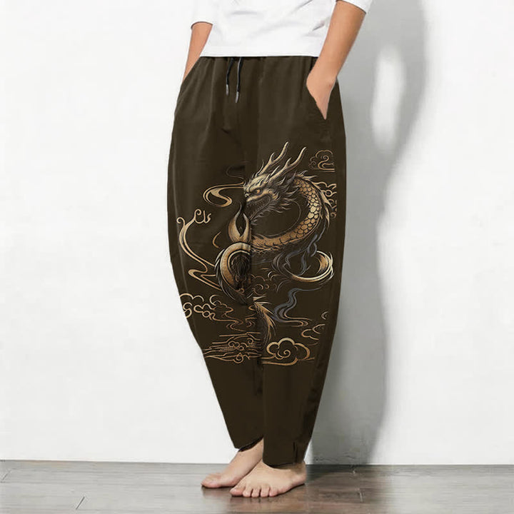 Buddha Stones Pantalones de hombre de algodón puro con estampado de dragón dorado y nube auspiciosa, con cordón ajustable y bolsillos. - image 12