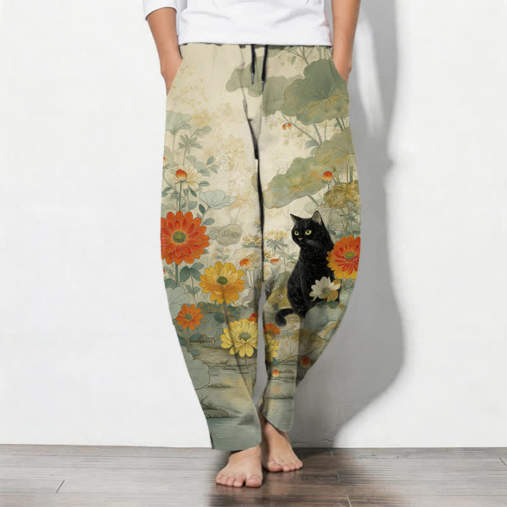Buddha Stones Pantalones de hombre de algodón puro con estampado floral de gato negro oriental, cordón ajustable y corte cónico, con bolsillos. - vara de oro pálida - US/UK/AU50, EU60 (5XL) - image 0
