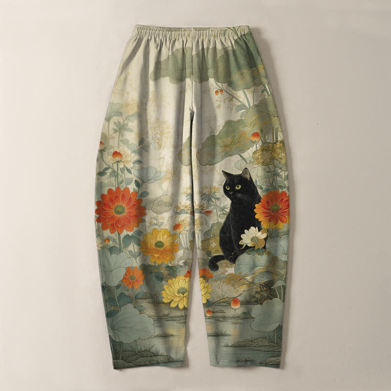 Buddha Stones Pantalones de hombre de algodón puro con estampado floral de gato negro oriental, cordón ajustable y corte cónico, con bolsillos. - image 3