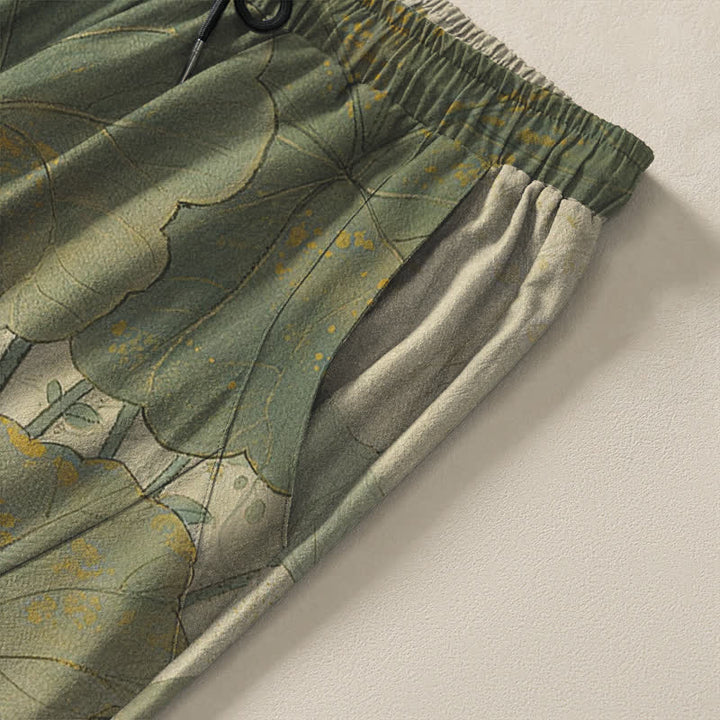 Buddha Stones Pantalones de hombre de algodón puro con estampado floral de gato negro oriental, cordón ajustable y corte cónico, con bolsillos. - image 4