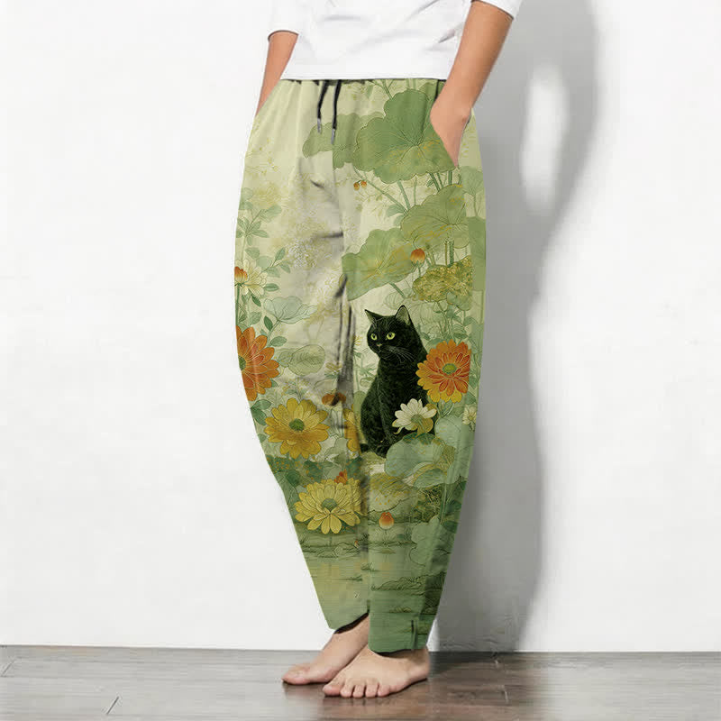 Buddha Stones Pantalones de hombre de algodón puro con estampado floral de gato negro oriental, cordón ajustable y corte cónico, con bolsillos. - image 8