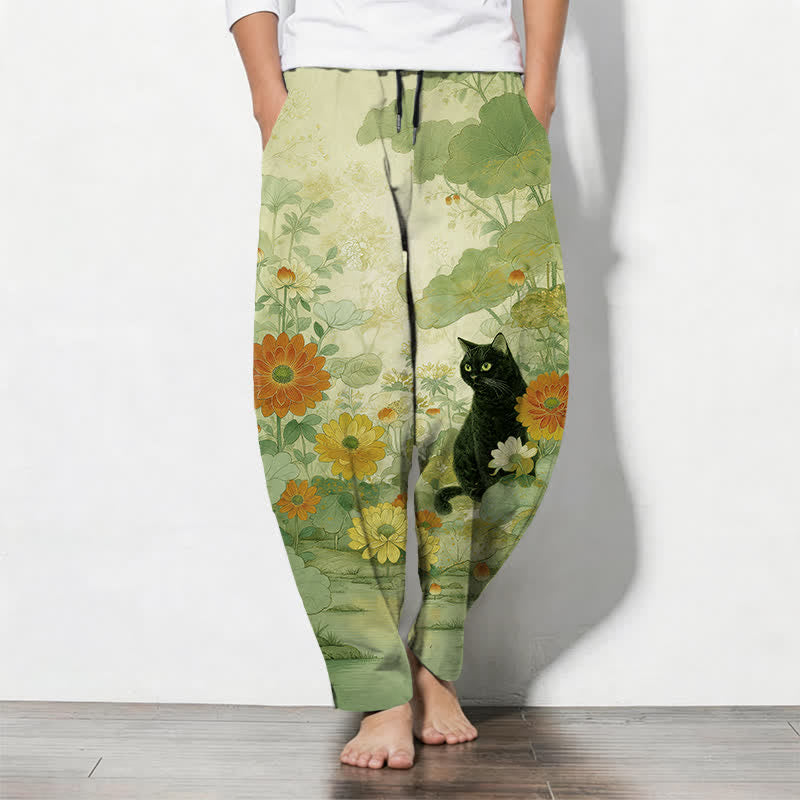 Buddha Stones Pantalones de hombre de algodón puro con estampado floral de gato negro oriental, cordón ajustable y corte cónico, con bolsillos. - VerdeAmarillo - US/UK/AU50, EU60 (5XL) - image 7