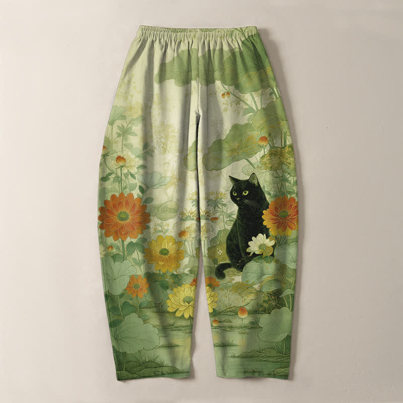 Buddha Stones Pantalones de hombre de algodón puro con estampado floral de gato negro oriental, cordón ajustable y corte cónico, con bolsillos. - image 10