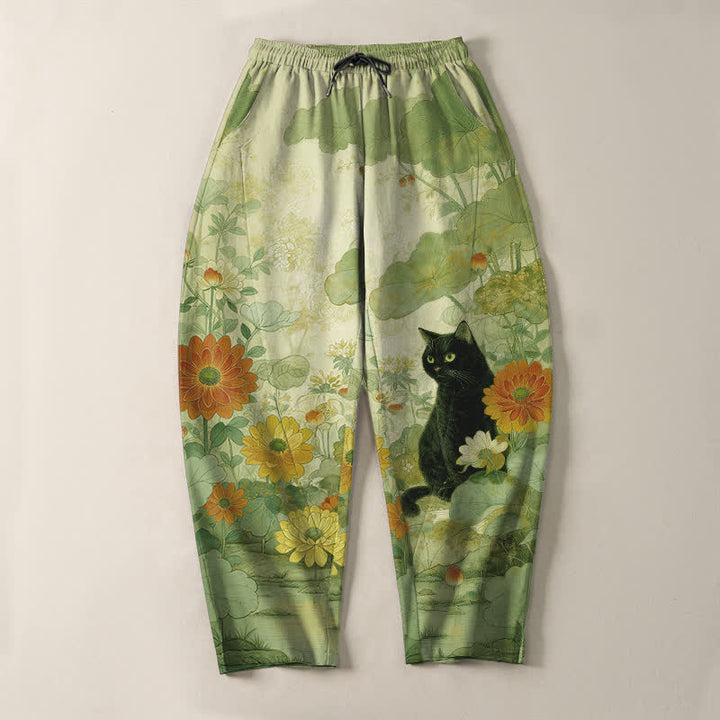 Buddha Stones Pantalones de hombre de algodón puro con estampado floral de gato negro oriental, cordón ajustable y corte cónico, con bolsillos. - image 9