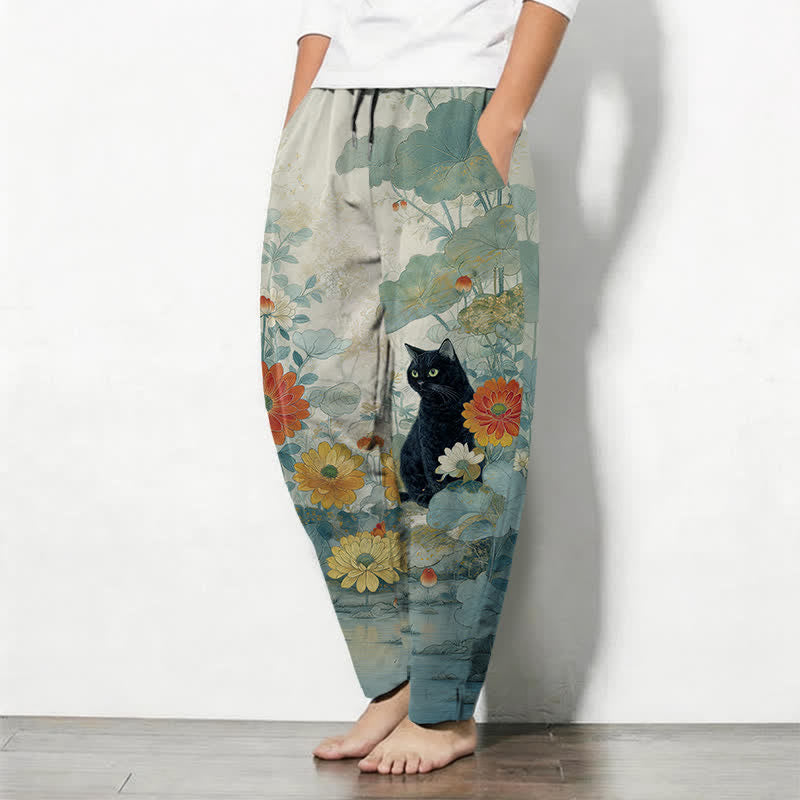 Buddha Stones Pantalones de hombre de algodón puro con estampado floral de gato negro oriental, cordón ajustable y corte cónico, con bolsillos. - image 12