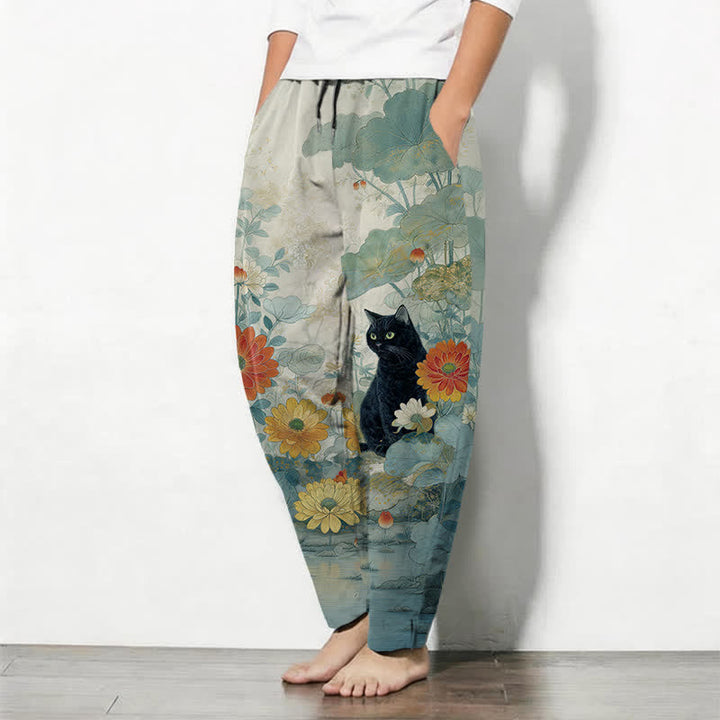 Buddha Stones Pantalones de hombre de algodón puro con estampado floral de gato negro oriental, cordón ajustable y corte cónico, con bolsillos. - image 12