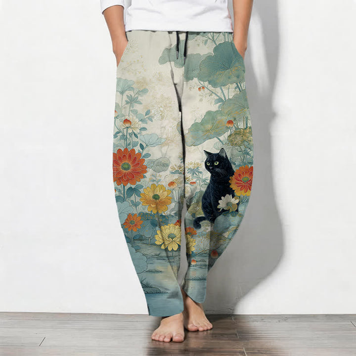 Buddha Stones Pantalones de hombre de algodón puro con estampado floral de gato negro oriental, cordón ajustable y corte cónico, con bolsillos. - Turquesa pálido - US/UK/AU50, EU60 (5XL) - image 11
