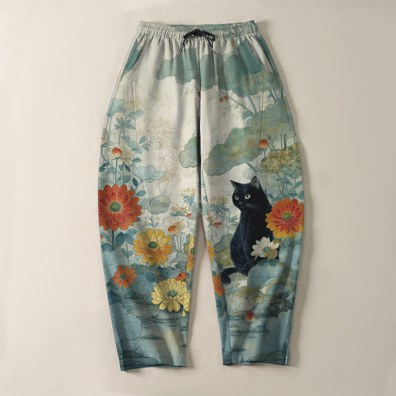 Buddha Stones Pantalones de hombre de algodón puro con estampado floral de gato negro oriental, cordón ajustable y corte cónico, con bolsillos. - image 13
