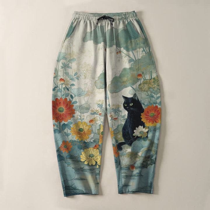 Buddha Stones Pantalones de hombre de algodón puro con estampado floral de gato negro oriental, cordón ajustable y corte cónico, con bolsillos. - image 13