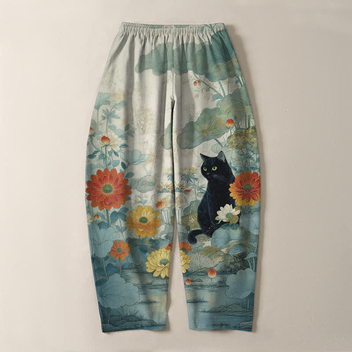 Buddha Stones Pantalones de hombre de algodón puro con estampado floral de gato negro oriental, cordón ajustable y corte cónico, con bolsillos. - image 14