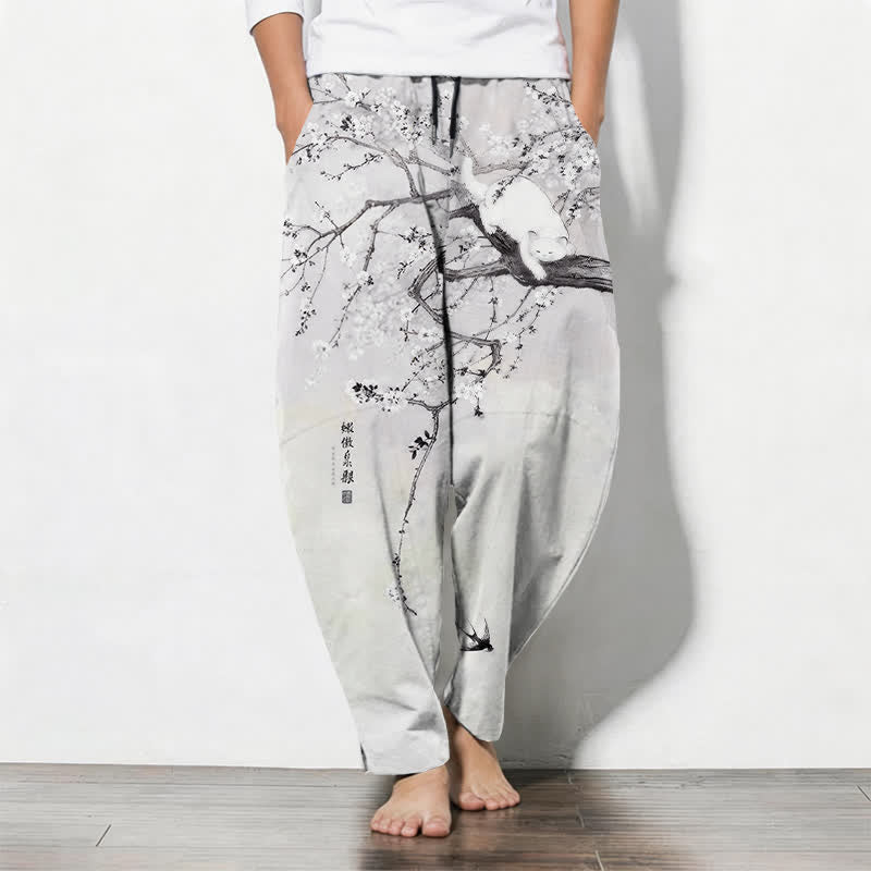 Buddha Stones Pantalones de hombre de algodón puro con estampado de gato en color ciruela, cordón ajustable y corte cónico, con bolsillos. - Gris claro - US/UK/AU50, EU60 (5XL) - image 0