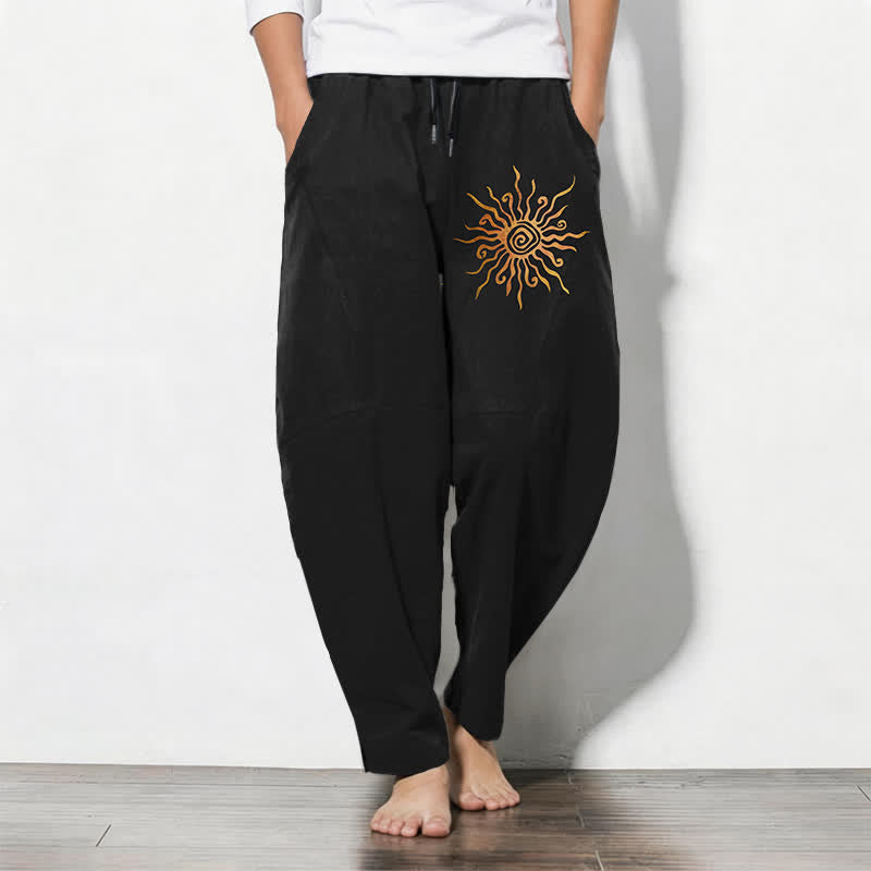 Buddha Stones Pantalones de hombre de algodón puro con estampado en espiral Golden Sun, cordón ajustable y corte cónico, con bolsillos. - Negro - US/UK/AU50, EU60 (5XL) - image 0