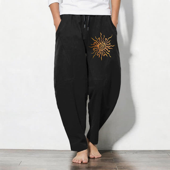 Buddha Stones Pantalones de hombre de algodón puro con estampado en espiral Golden Sun, cordón ajustable y corte cónico, con bolsillos. - Negro - US/UK/AU50, EU60 (5XL) - image 0