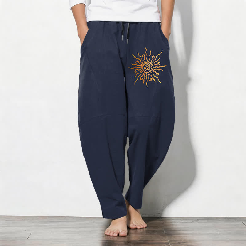 Buddha Stones Pantalones de hombre de algodón puro con estampado en espiral Golden Sun, cordón ajustable y corte cónico, con bolsillos. - Marina de guerra - US/UK/AU50, EU60 (5XL) - image 7