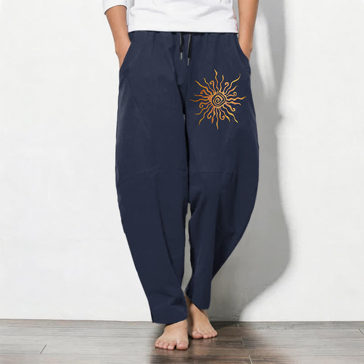 Buddha Stones Pantalones de hombre de algodón puro con estampado en espiral Golden Sun, cordón ajustable y corte cónico, con bolsillos. - Marina de guerra - US/UK/AU50, EU60 (5XL) - image 7