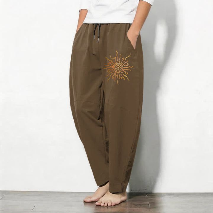 Buddha Stones Pantalones de hombre de algodón puro con estampado en espiral Golden Sun, cordón ajustable y corte cónico, con bolsillos. - image 12