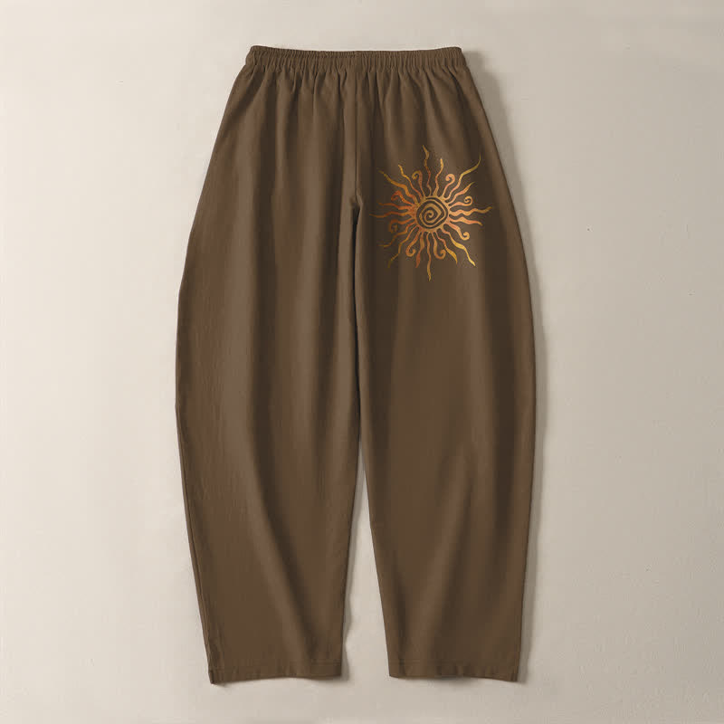 Buddha Stones Pantalones de hombre de algodón puro con estampado en espiral Golden Sun, cordón ajustable y corte cónico, con bolsillos. - image 14
