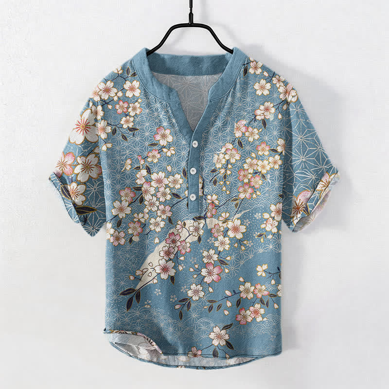 Buddha Stones Camisa de manga corta con medio botón y estampado geométrico de flores de cerezo de algodón para hombre - Azul cielo claro - US/UK/AU50, EU60 (5XL) - image 0