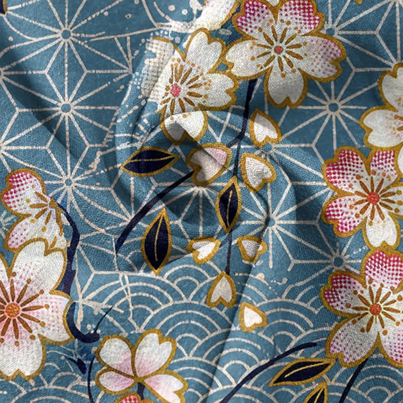 Buddha Stones Camisa de manga corta con medio botón y estampado geométrico de flores de cerezo de algodón para hombre - image 4
