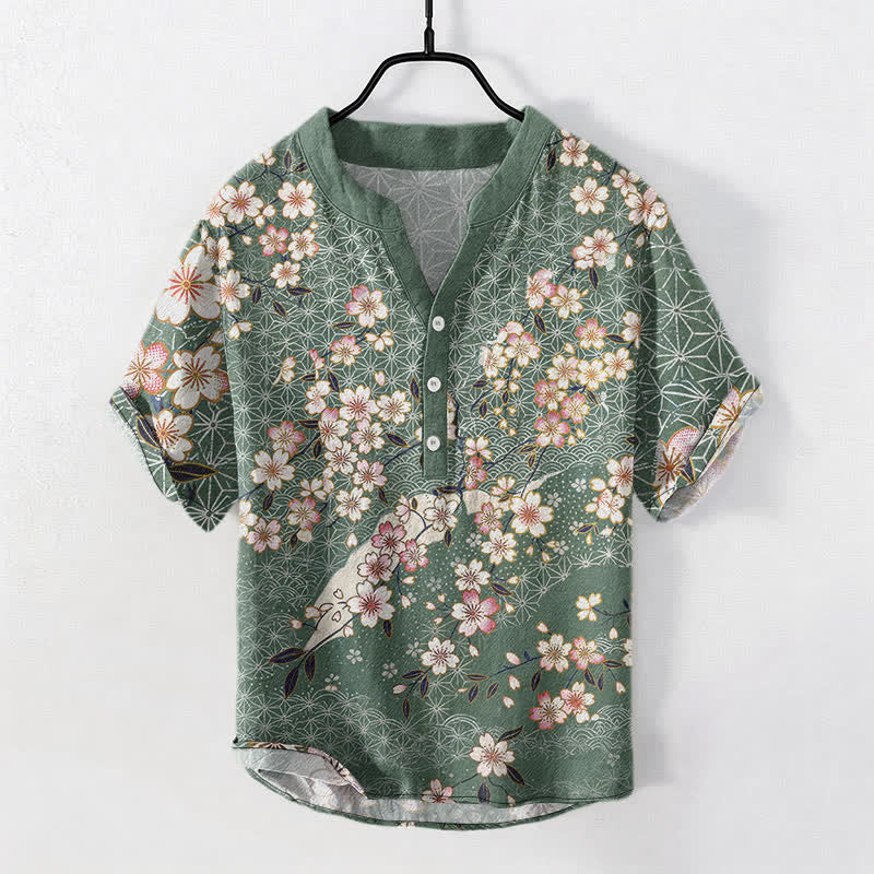 Buddha Stones Camisa de manga corta con medio botón y estampado geométrico de flores de cerezo de algodón para hombre - Verde mar medio - US/UK/AU50, EU60 (5XL) - image 5