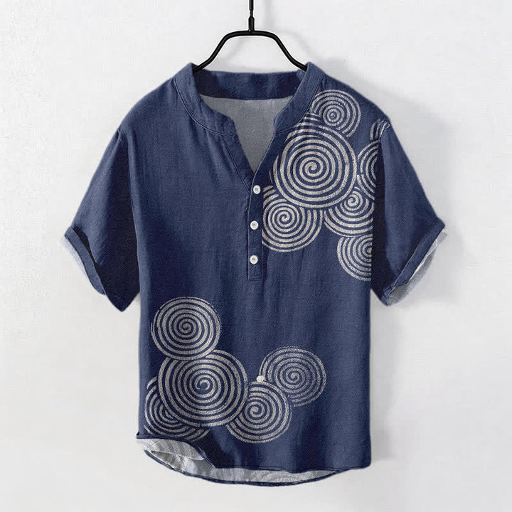 Buddha Stones Camisa de manga corta con medio botón y estampado de círculos en espiral de algodón para hombre - Marina de guerra - US/UK/AU50, EU60 (5XL) - image 0
