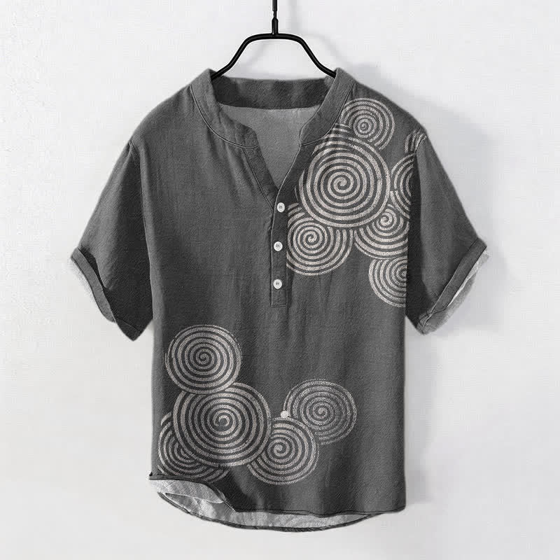 Buddha Stones Camisa de manga corta con medio botón y estampado de círculos en espiral de algodón para hombre - Gris oscuro - US/UK/AU50, EU60 (5XL) - image 5