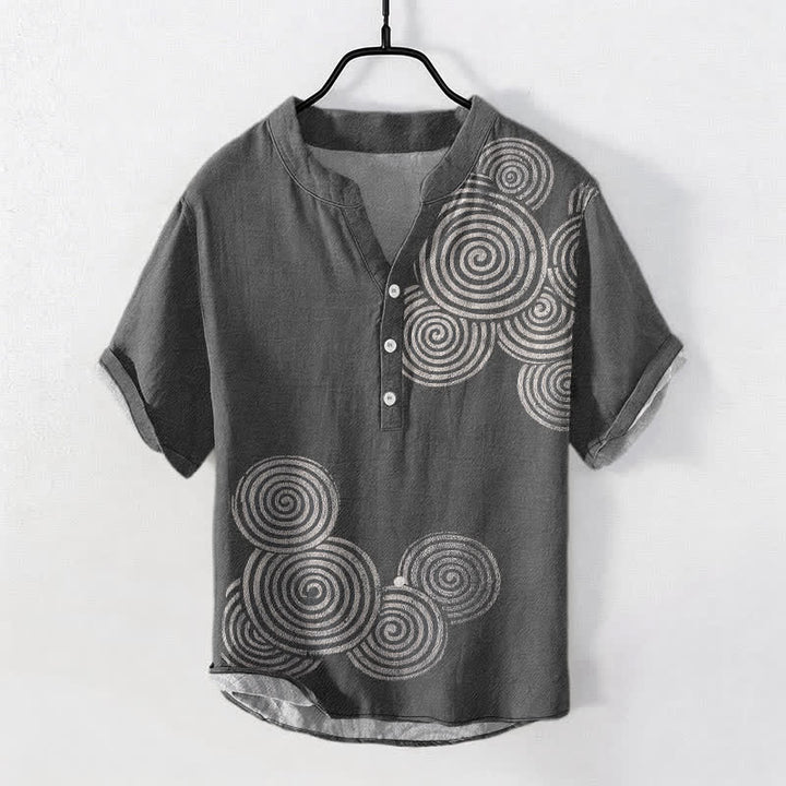 Buddha Stones Camisa de manga corta con medio botón y estampado de círculos en espiral de algodón para hombre - Gris oscuro - US/UK/AU50, EU60 (5XL) - image 5