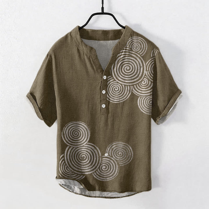 Buddha Stones Camisa de manga corta con medio botón y estampado de círculos en espiral de algodón para hombre - Aceituna - US/UK/AU50, EU60 (5XL) - image 7