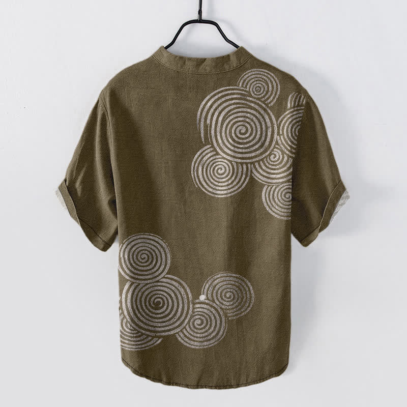 Buddha Stones Camisa de manga corta con medio botón y estampado de círculos en espiral de algodón para hombre - image 8