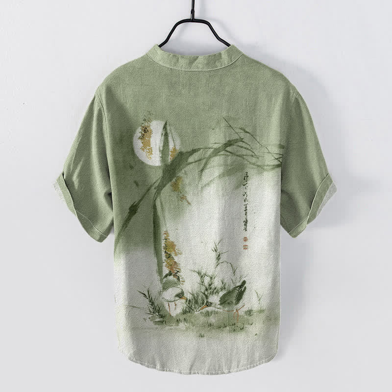 Buddha Stones Camisa de manga corta con medio botón para hombre, estampado de pájaro lunar y tinta de algodón - image 4