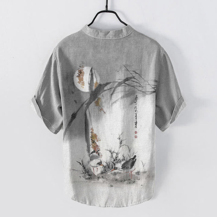 Buddha Stones Camisa de manga corta con medio botón para hombre, estampado de pájaro lunar y tinta de algodón - image 6
