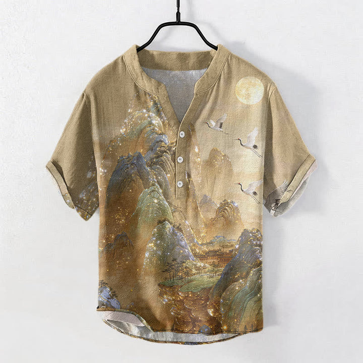 Buddha Stones Camisa de manga corta con medio botón para hombre con estampado de grulla de montaña y luna. - Caqui oscuro - US/UK/AU50, EU60 (5XL) - image 0