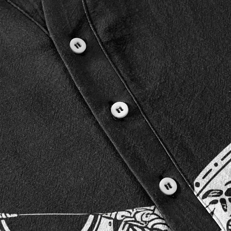 Buddha Stones Camisa de manga corta con medio botón y estampado tribal de cara de gato para hombre, de algodón. - image 3
