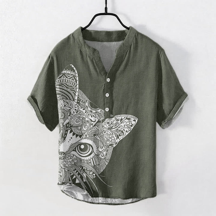 Buddha Stones Camisa de manga corta con medio botón y estampado tribal de cara de gato para hombre, de algodón. - Verde oliva oscuro - US/UK/AU50, EU60 (5XL) - image 5