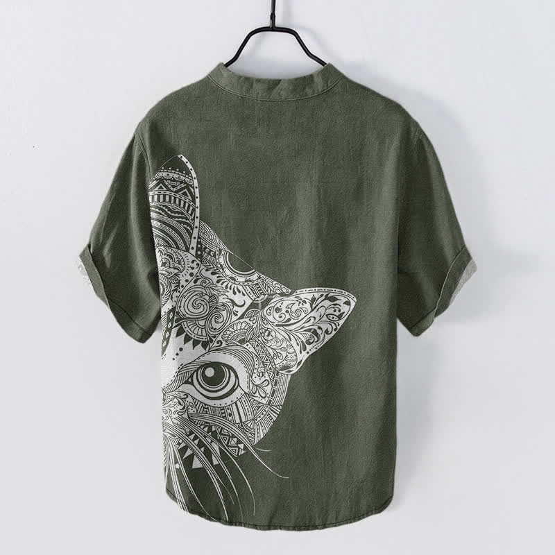 Buddha Stones Camisa de manga corta con medio botón y estampado tribal de cara de gato para hombre, de algodón. - image 6