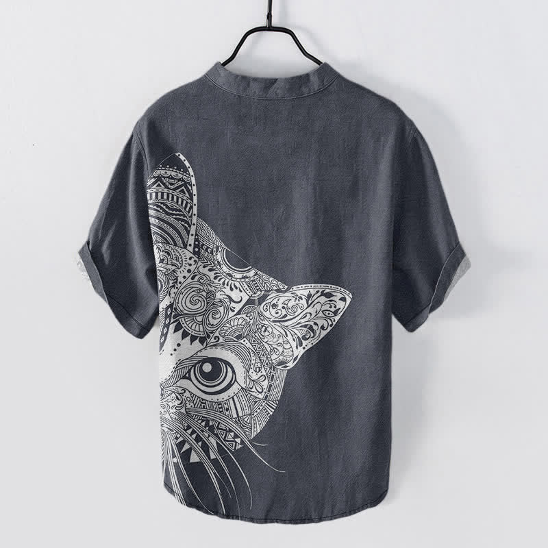 Buddha Stones Camisa de manga corta con medio botón y estampado tribal de cara de gato para hombre, de algodón. - image 8