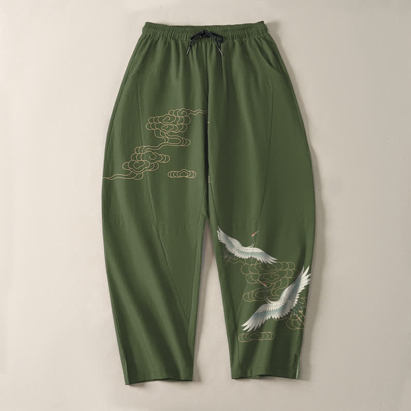 Buddha Stones Pantalones de hombre de algodón puro con estampado de grullas voladoras y nubes, con cordón ajustable y corte cónico, bolsillos. - image 9
