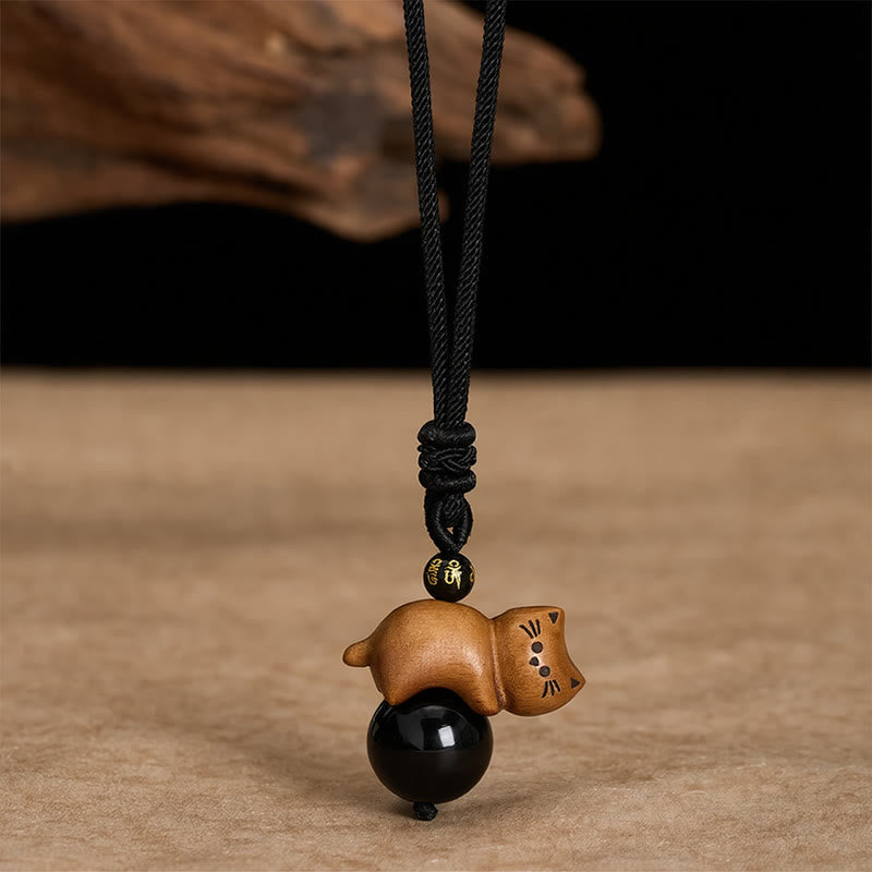 Buddha Stones Collar con colgante de cuerda protectora con cuentas de sándalo, gato, obsidiana negra, Om Mani Padme Hum y gato. - Sándalo y obsidiana negra - image 0