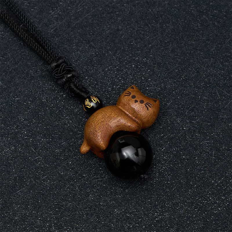 Buddha Stones Collar con colgante de cuerda protectora con cuentas de sándalo, gato, obsidiana negra, Om Mani Padme Hum y gato. - image 3