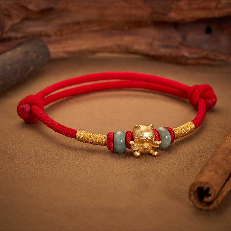 Pulsera de cuentas de jade con forma de gato de la suerte, tejida a mano con hilo rojo y Buddha Stones. - image 1